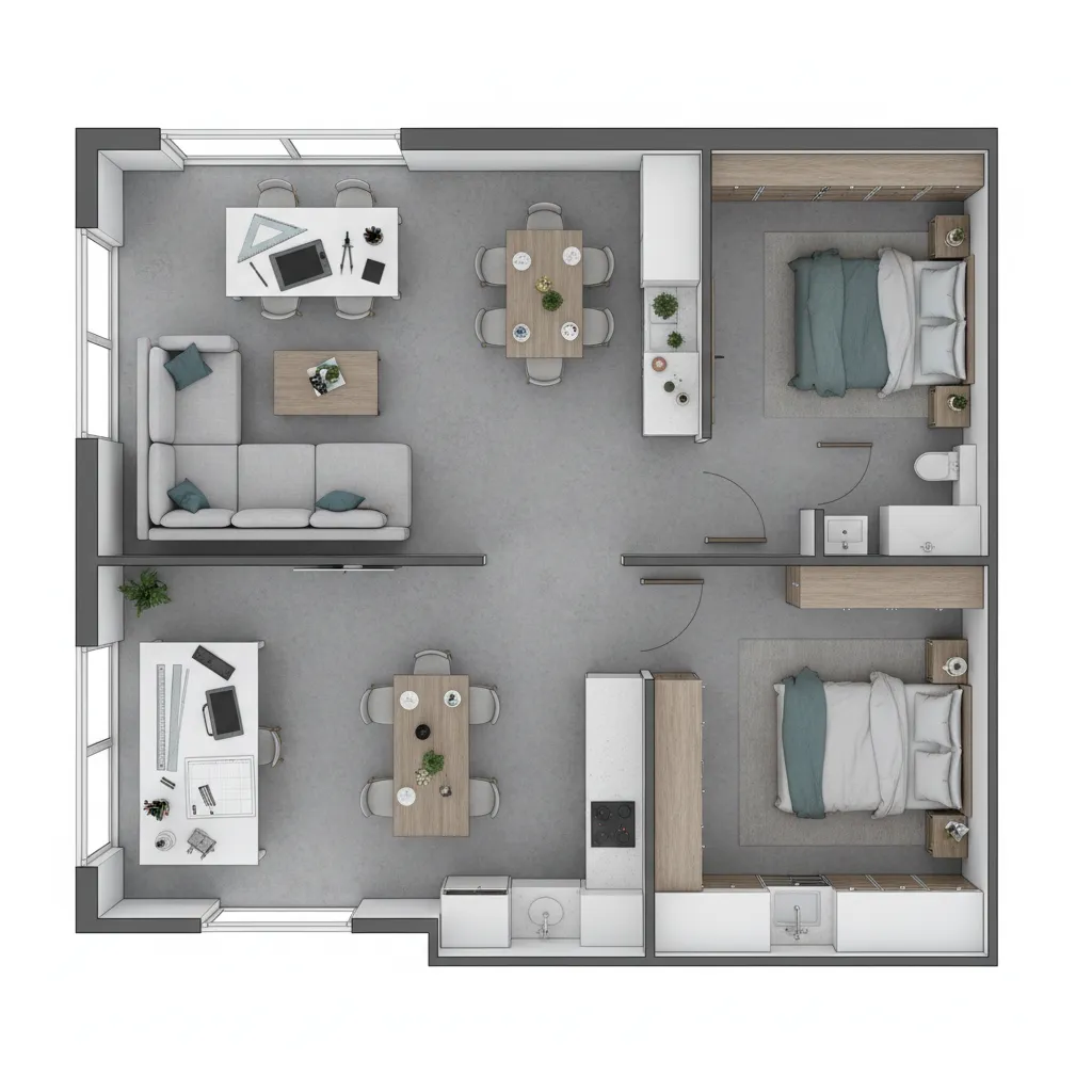 Plano de distribución de mobiliario en un salón moderno
