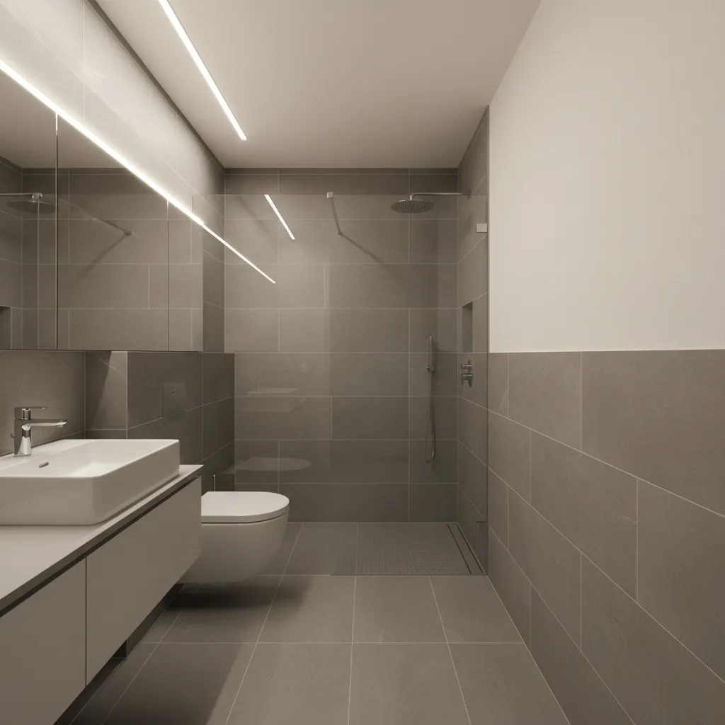 Modern narrow bathroom with grey tiles white sink toilet glass shower door and ceiling light