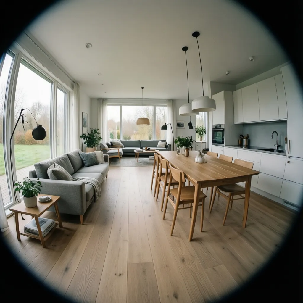 Interior de casa rectangular con sala comedor y cocina alineados