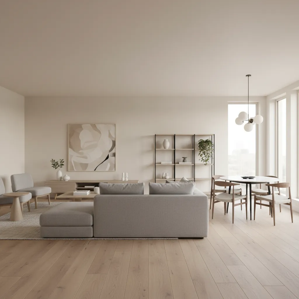 Minimalist living area with grey sofa round dining table wooden floor wall art and window