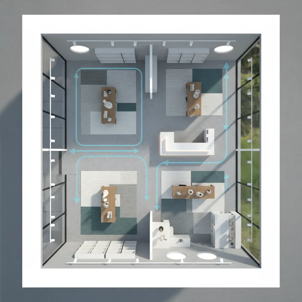 Top down office room layout with furniture and blue arrows showing path through the space
