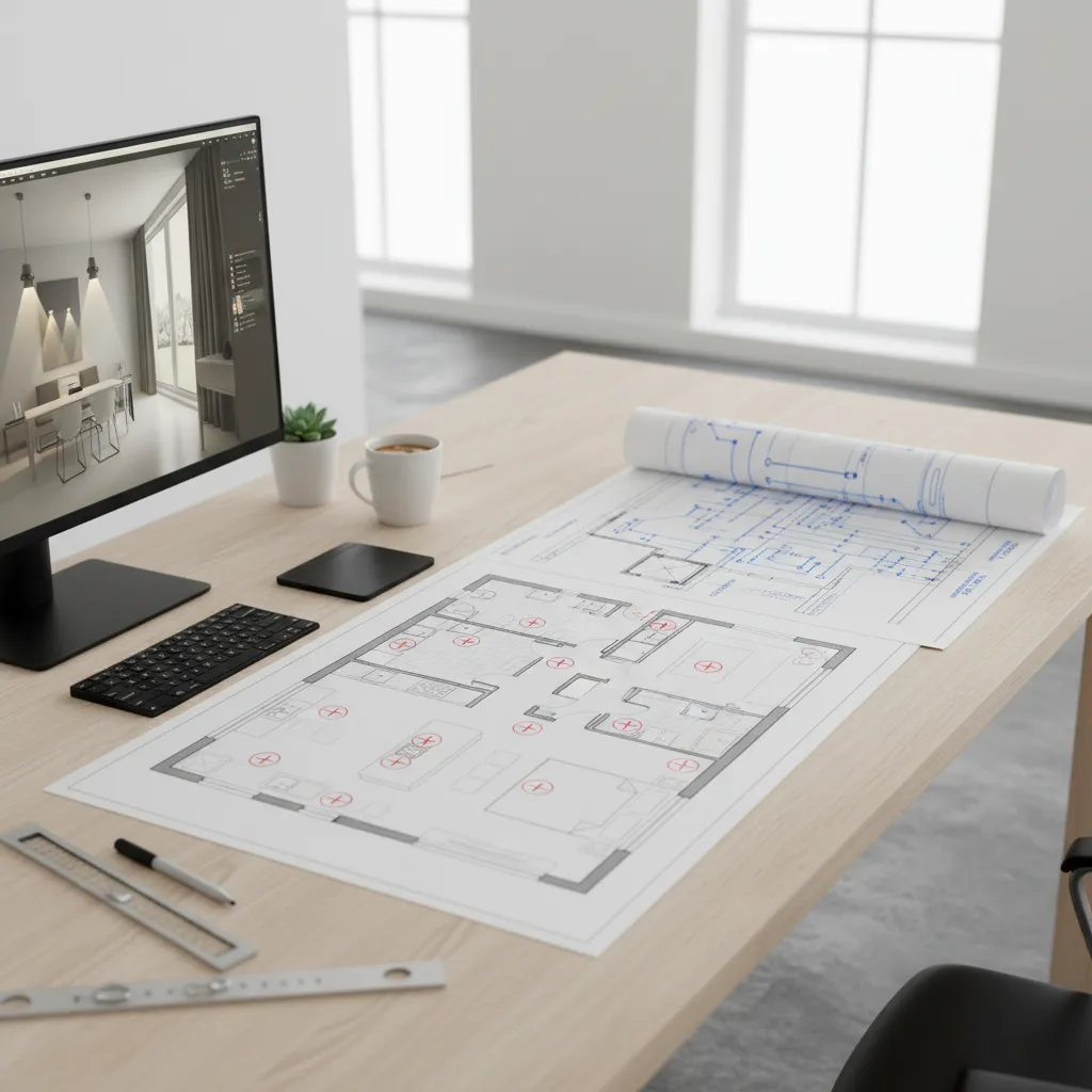 Paper floor plan on desk with computer monitor showing a modern interior design drawing project