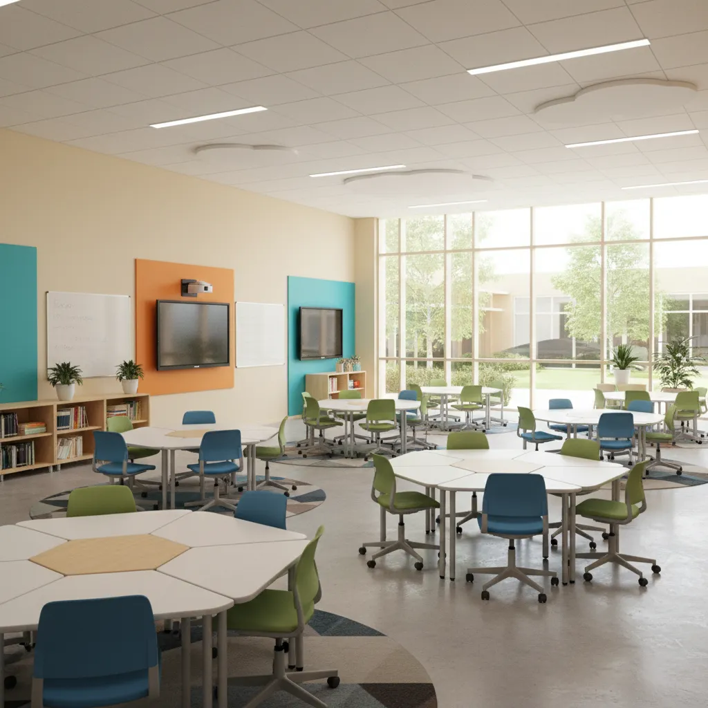 Distribución flexible de mesas en aula moderna