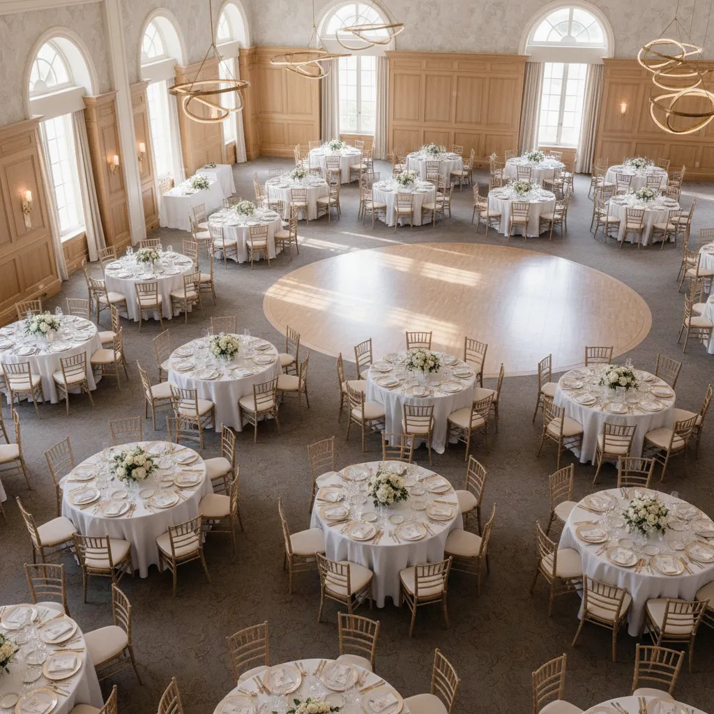 Distribución de mesas redondas en salón de boda con pasillos amplios