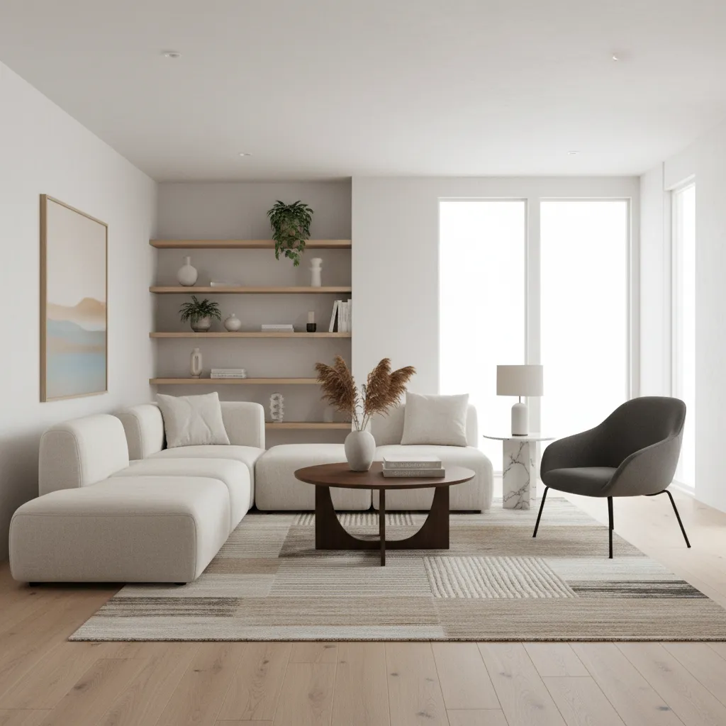 Modern minimalist living room with white sofa coffee table dark chair rug and wooden shelves