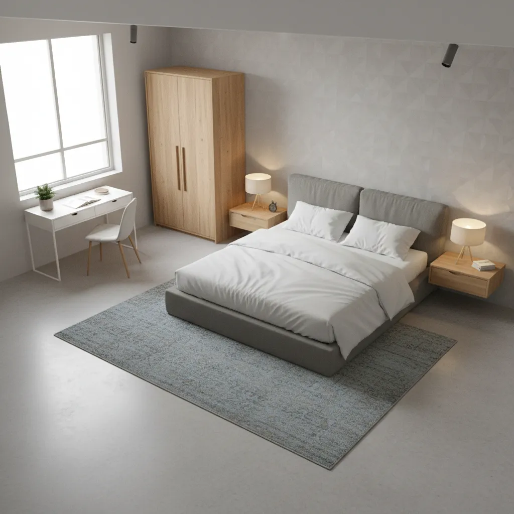 Coohom modern bedroom interior design with grey bed wooden wardrobe white desk and table lamps