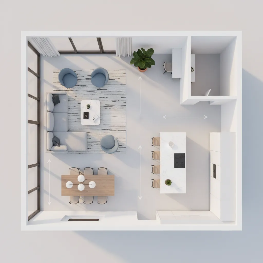 Diseño de distribución de muebles en un espacio abierto visualizado en 3D