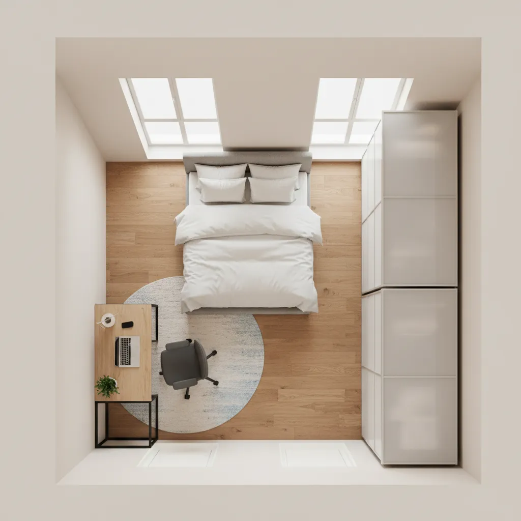 Top-down interior design drawing showing small bedroom layout with bed desk chair wardrobe and windows