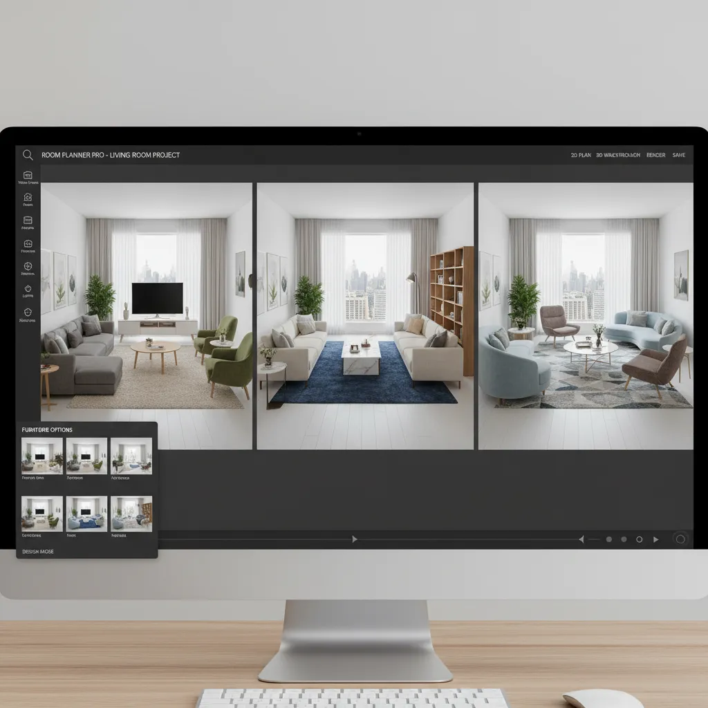 Simulación digital de distribución de muebles en un salón