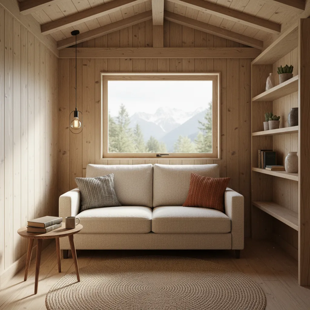Distribución de muebles en una pequeña casa de madera