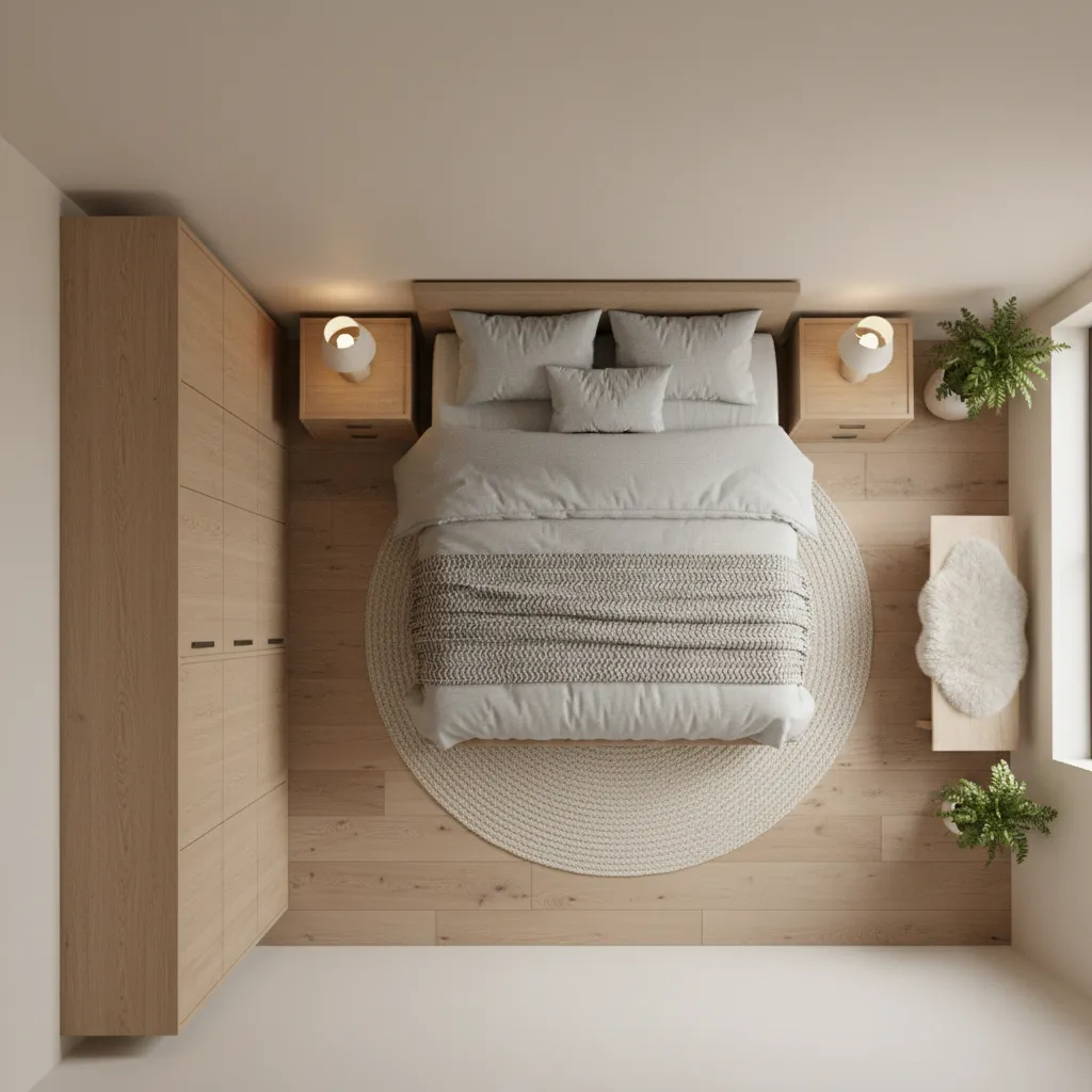 Top down view of modern bedroom room layout with grey bed wood floor round rug