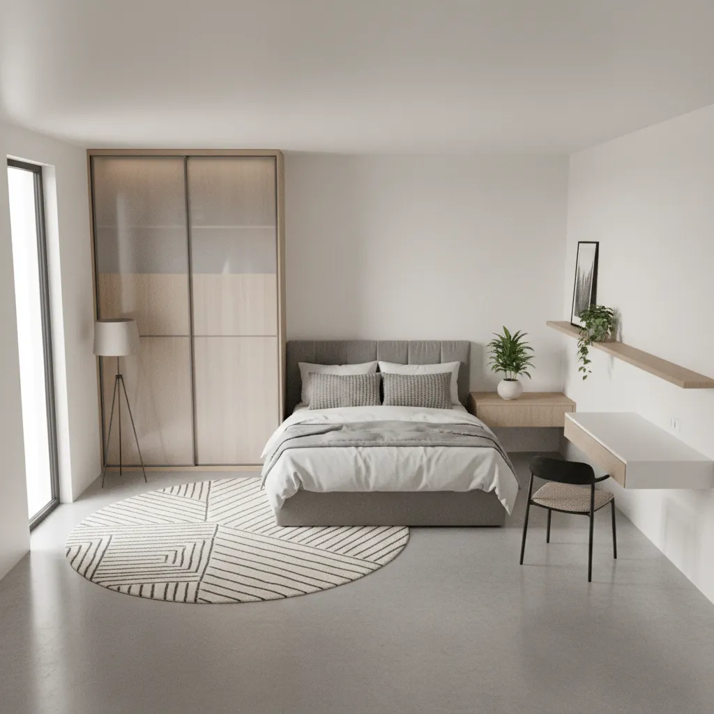 Simulación digital de distribución de muebles en un dormitorio