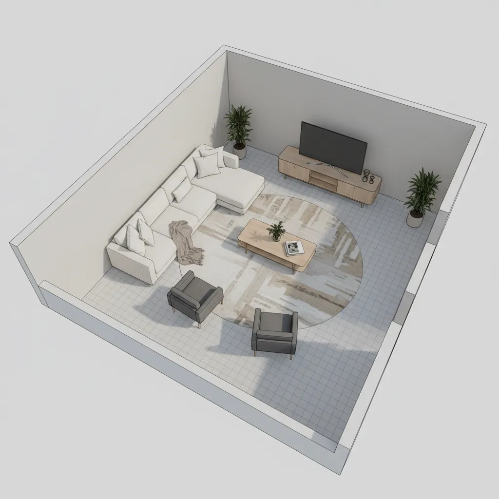 Interior design drawing showing living room layout with white sofa coffee table and floor plants