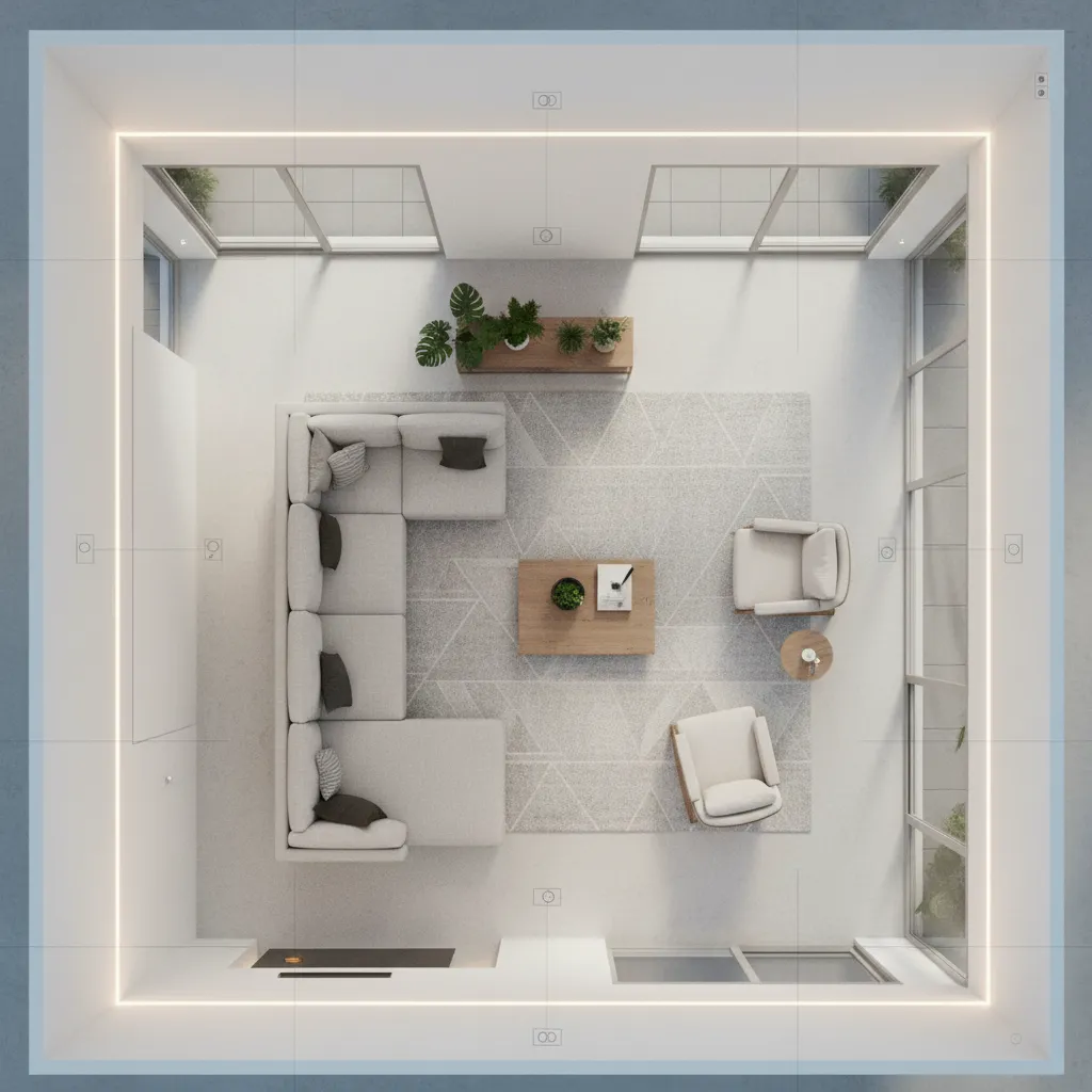 Plano digital mostrando la distribución de muebles en una habitación