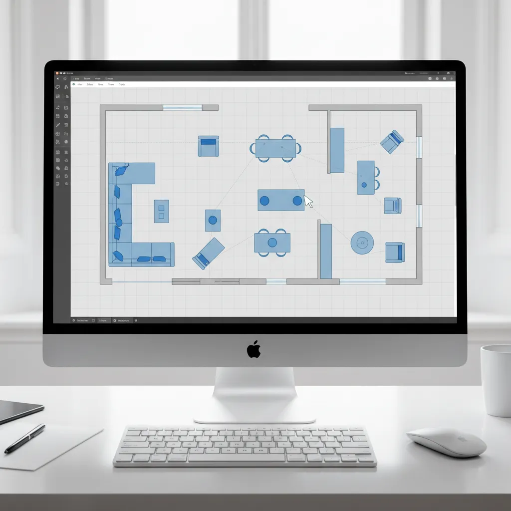 Distribución de muebles en un plano digital de una sala