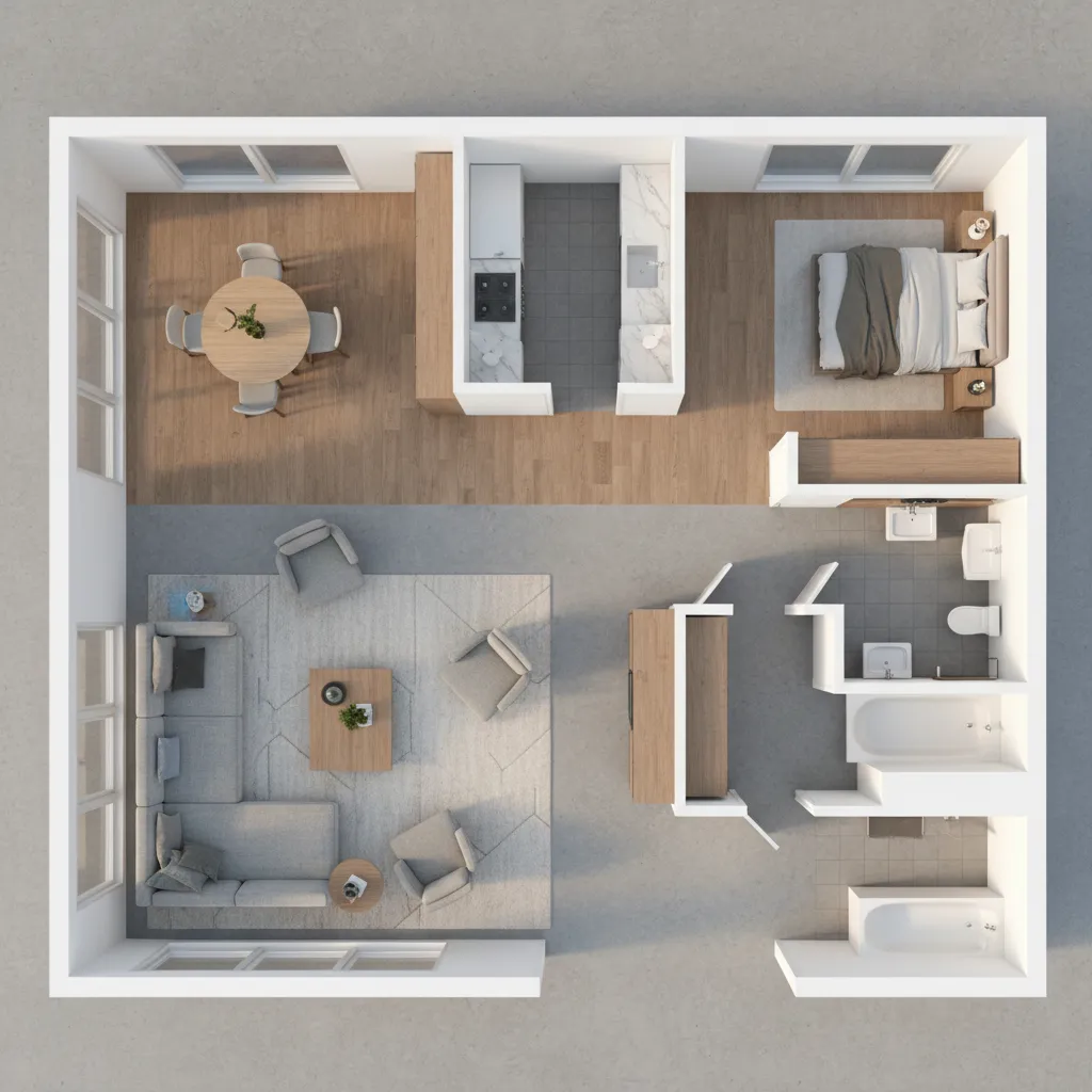 Plano de habitación mostrando diferentes posiciones de muebles