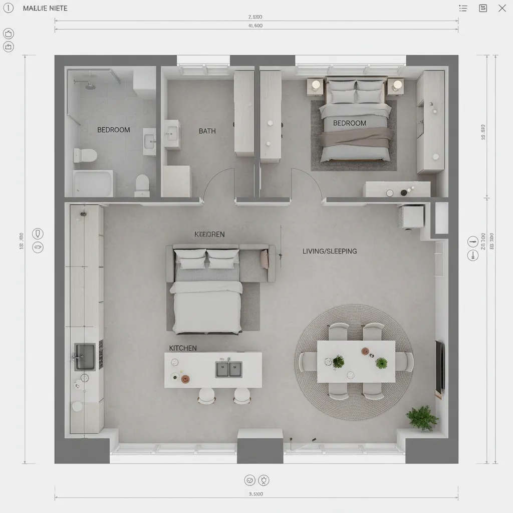 Modern 2D floor plan layout showing two bedrooms two bathrooms kitchen and a living area