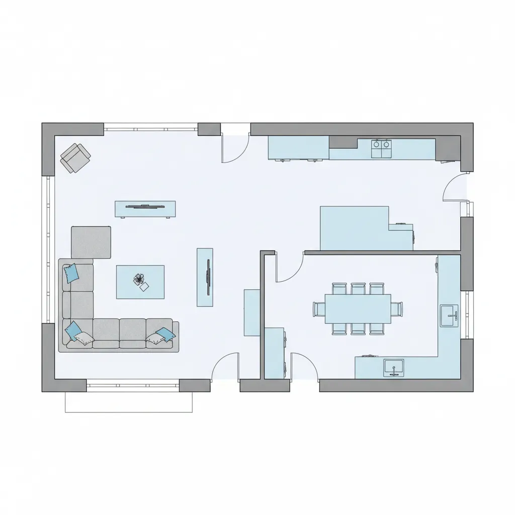 Plano de casa mostrando distribución de muebles en escala