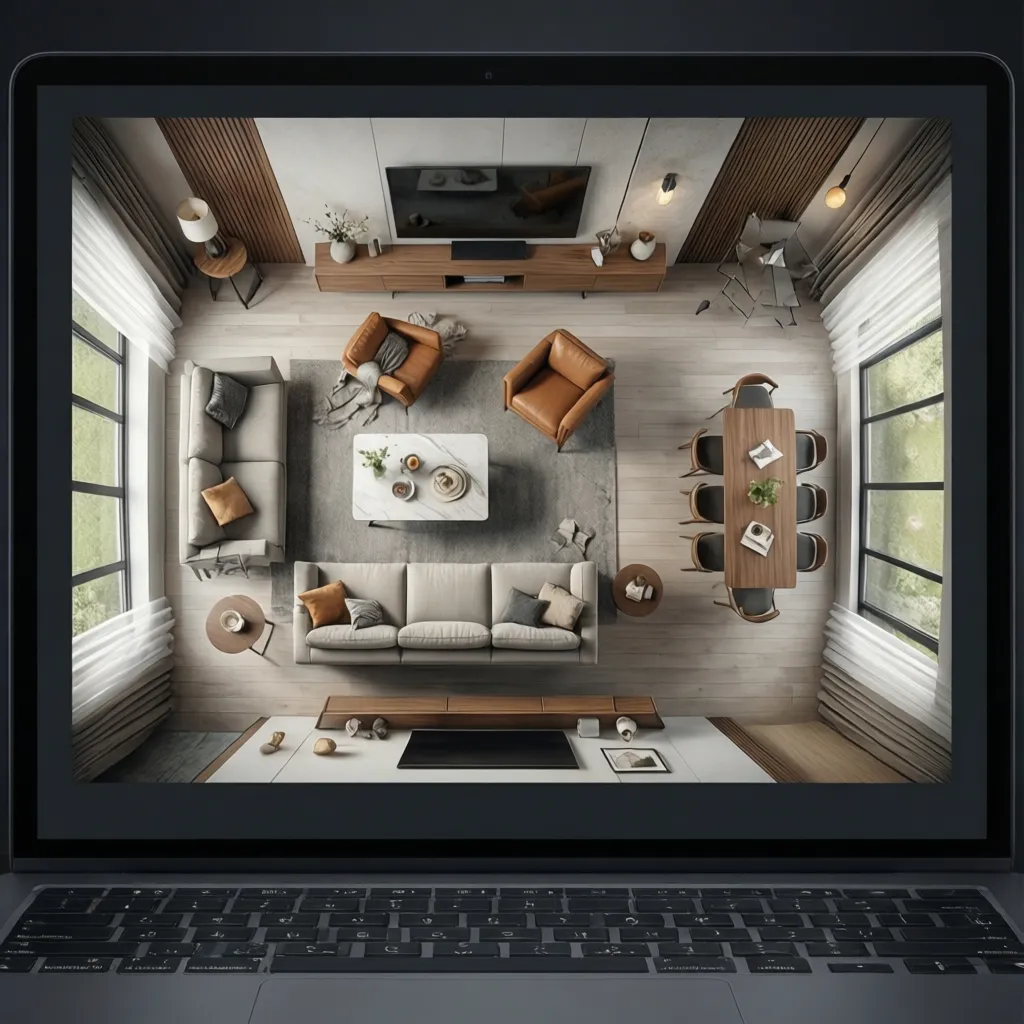 Plano de sala con diferentes distribuciones de muebles probadas en diseño digital