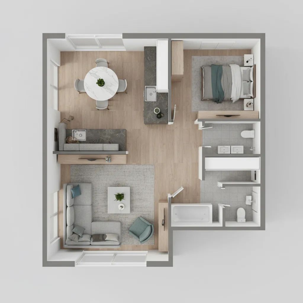 Plano con muebles colocados para analizar la distribución del espacio