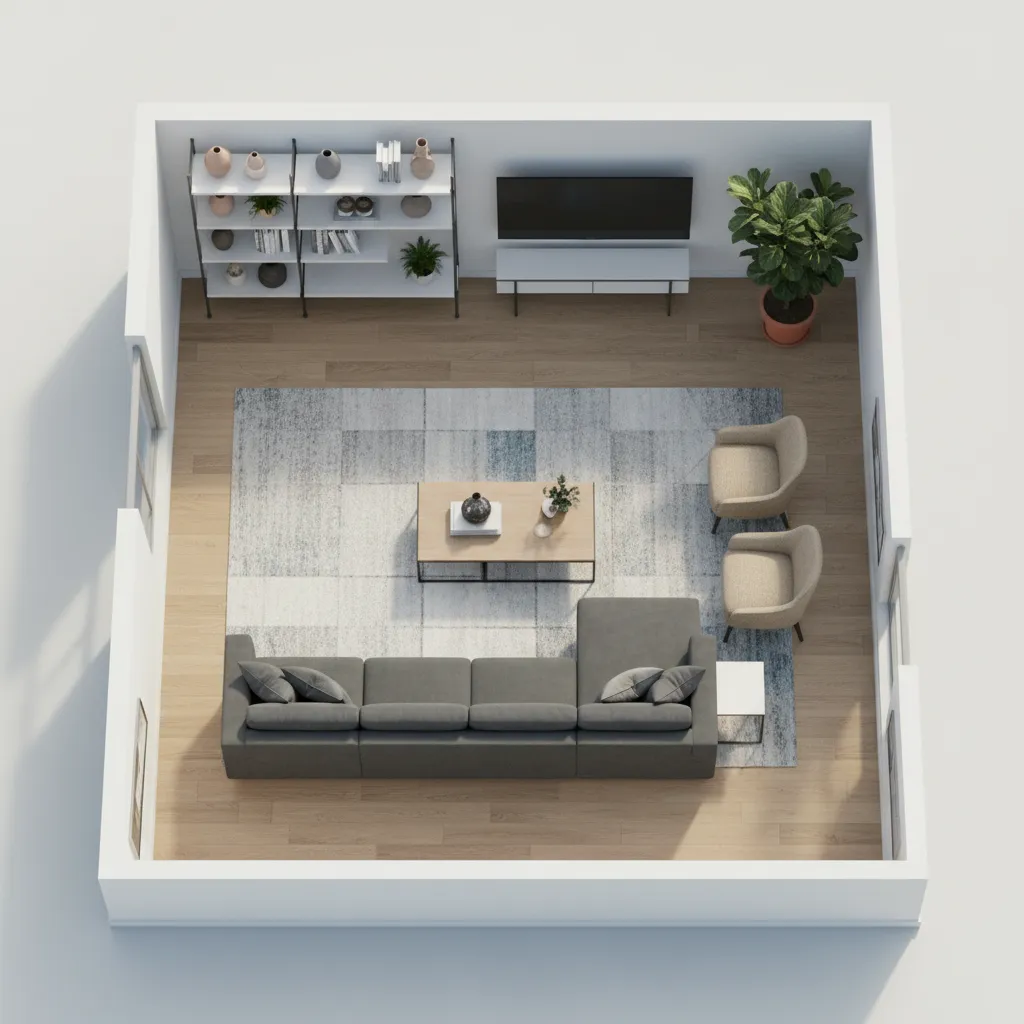 Distribución de muebles en plano 3D de una sala
