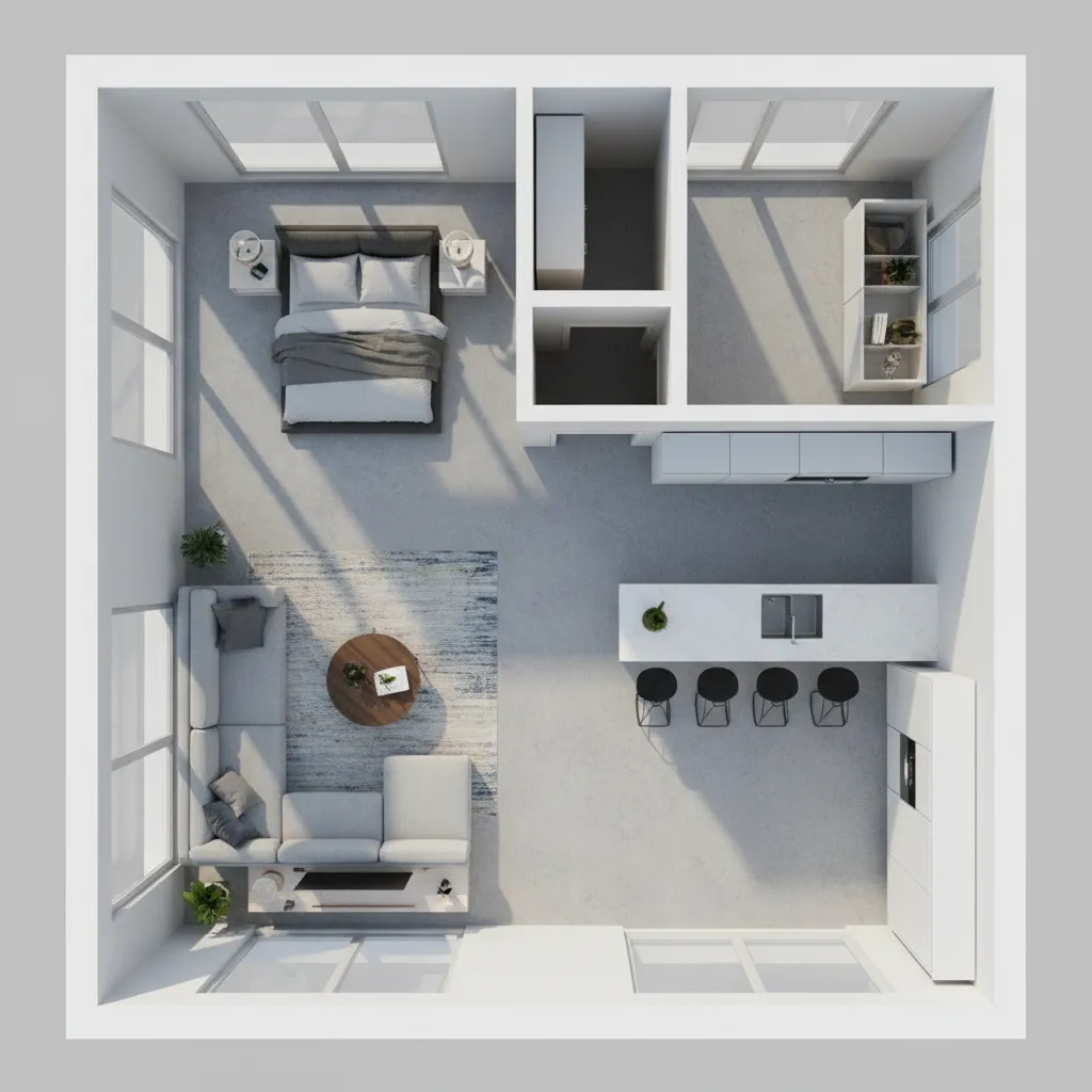 Distribución de muebles en un plano 3D de vivienda