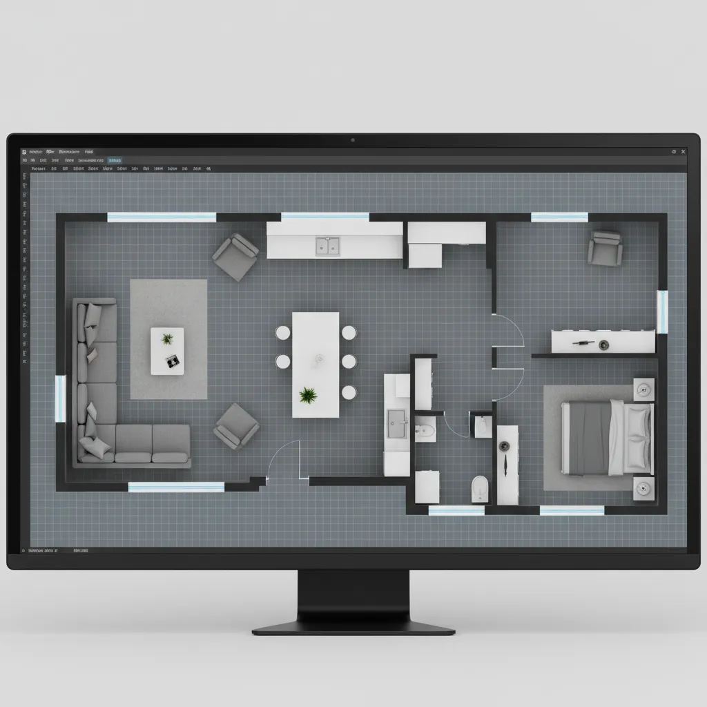 Plano de vivienda con distribución de muebles en un programa de diseño
