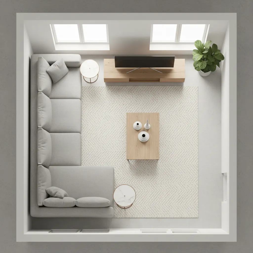 Plano digital con muebles organizados en una sala de estar