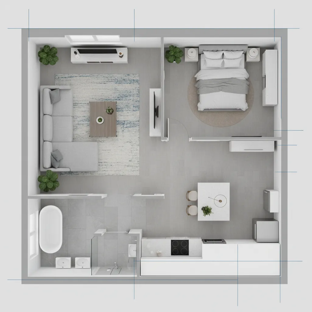 Top down view of 3D floor plan showing living room kitchen bedroom and bathroom layout