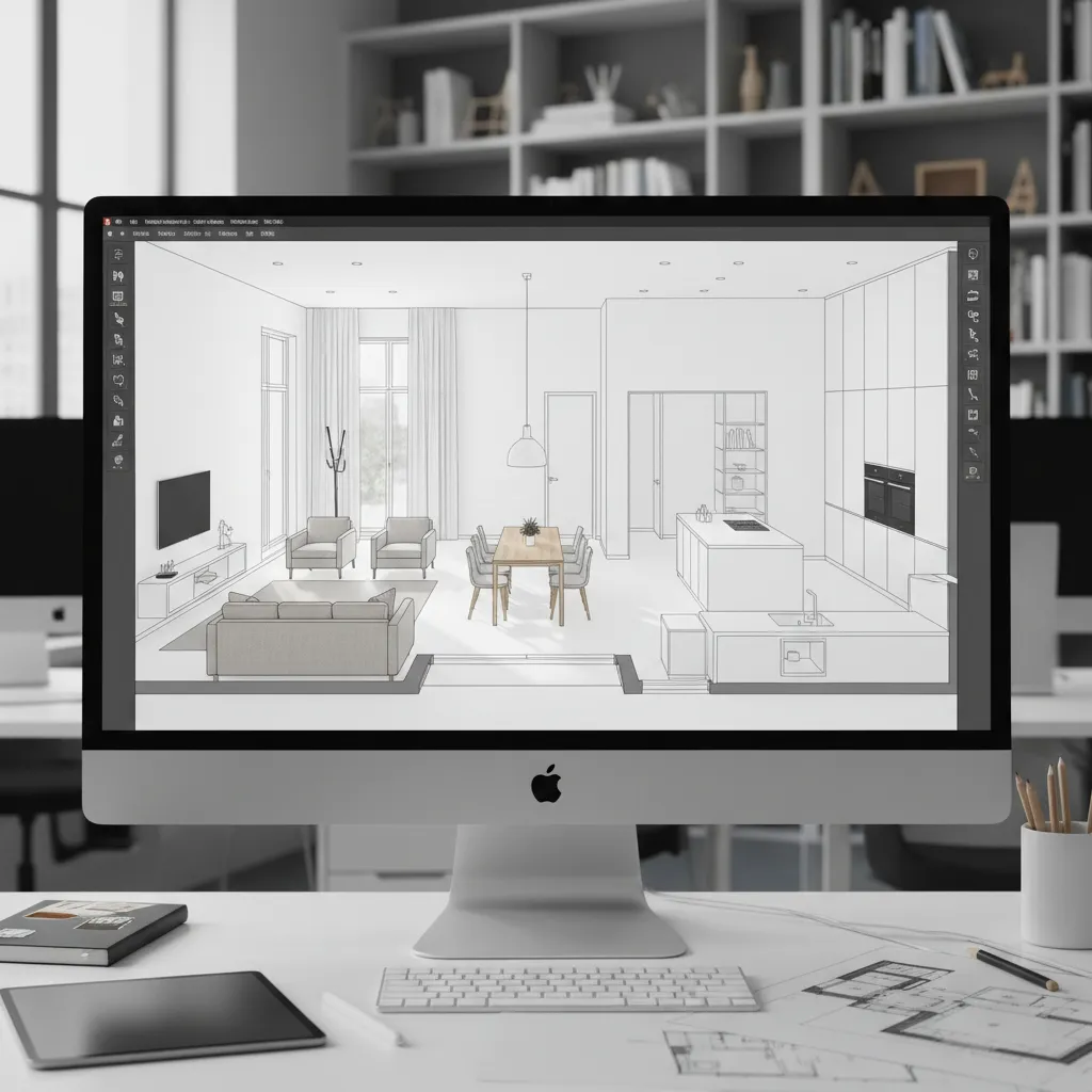 Distribución de muebles dentro de un plano digital de vivienda