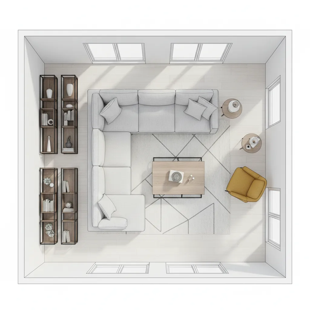 Plano digital con muebles organizados en una sala de estar