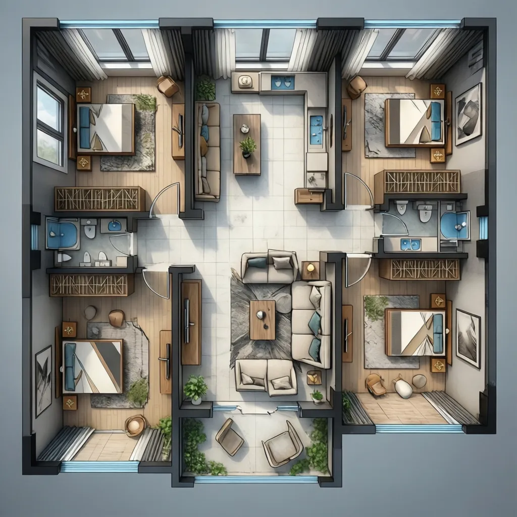 Distribución de muebles en plano digital de apartamento