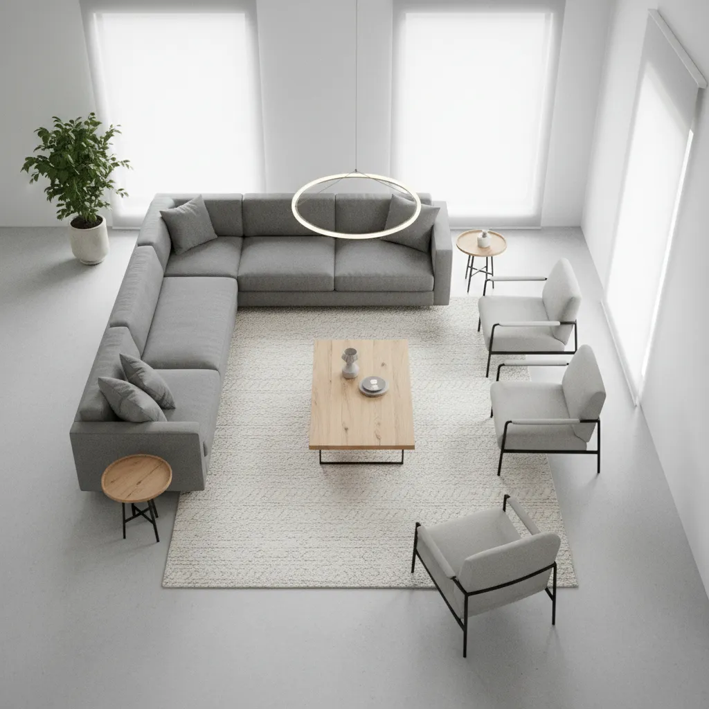 Vista superior de distribución de muebles en un salón