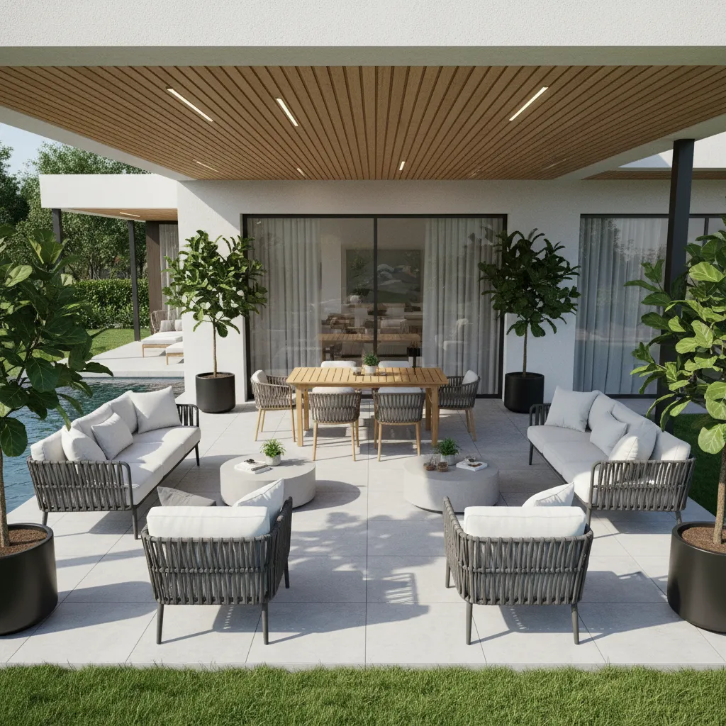 Distribución de muebles en un porche con mesa y sofá exterior