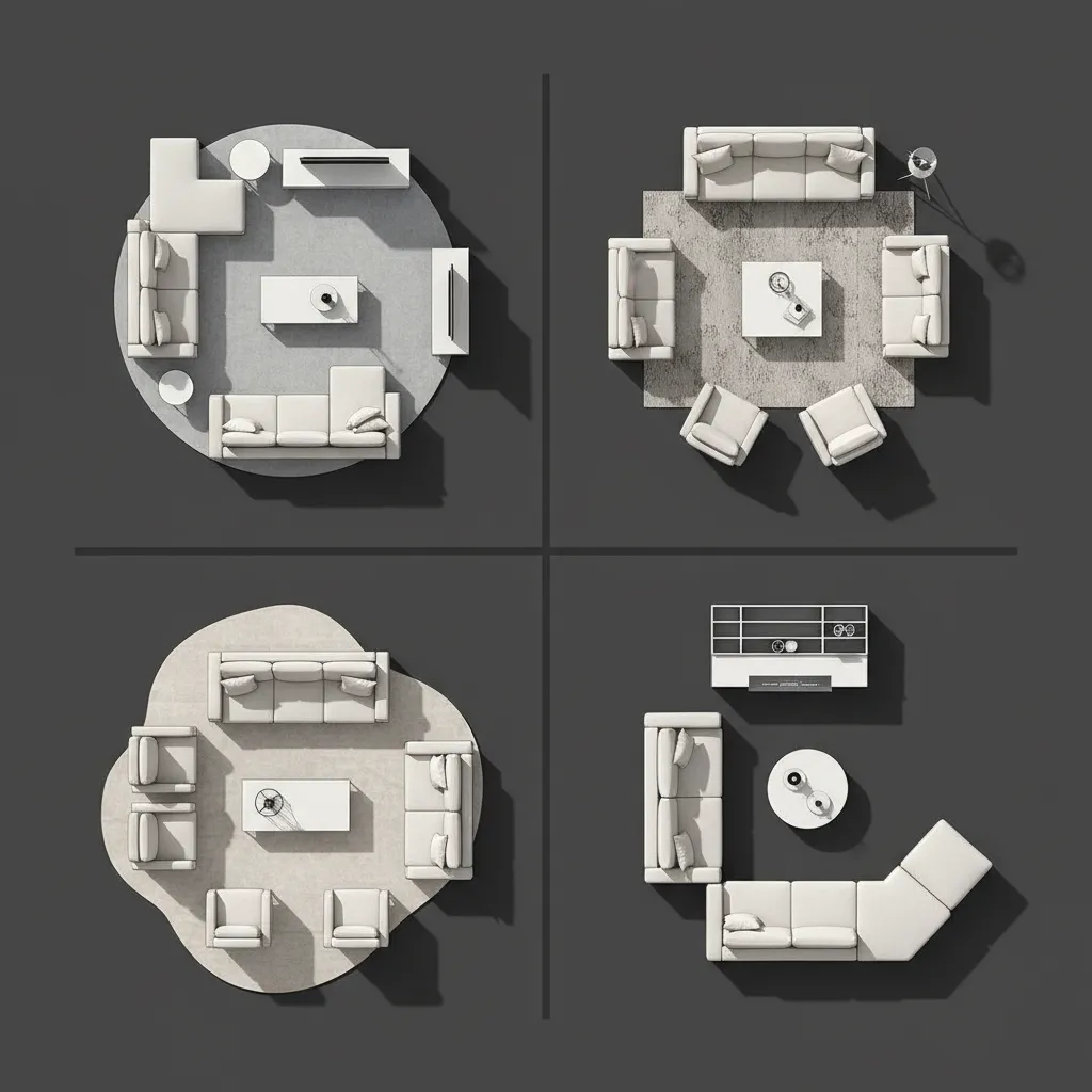 Diferentes distribuciones de muebles en un salón visualizadas digitalmente