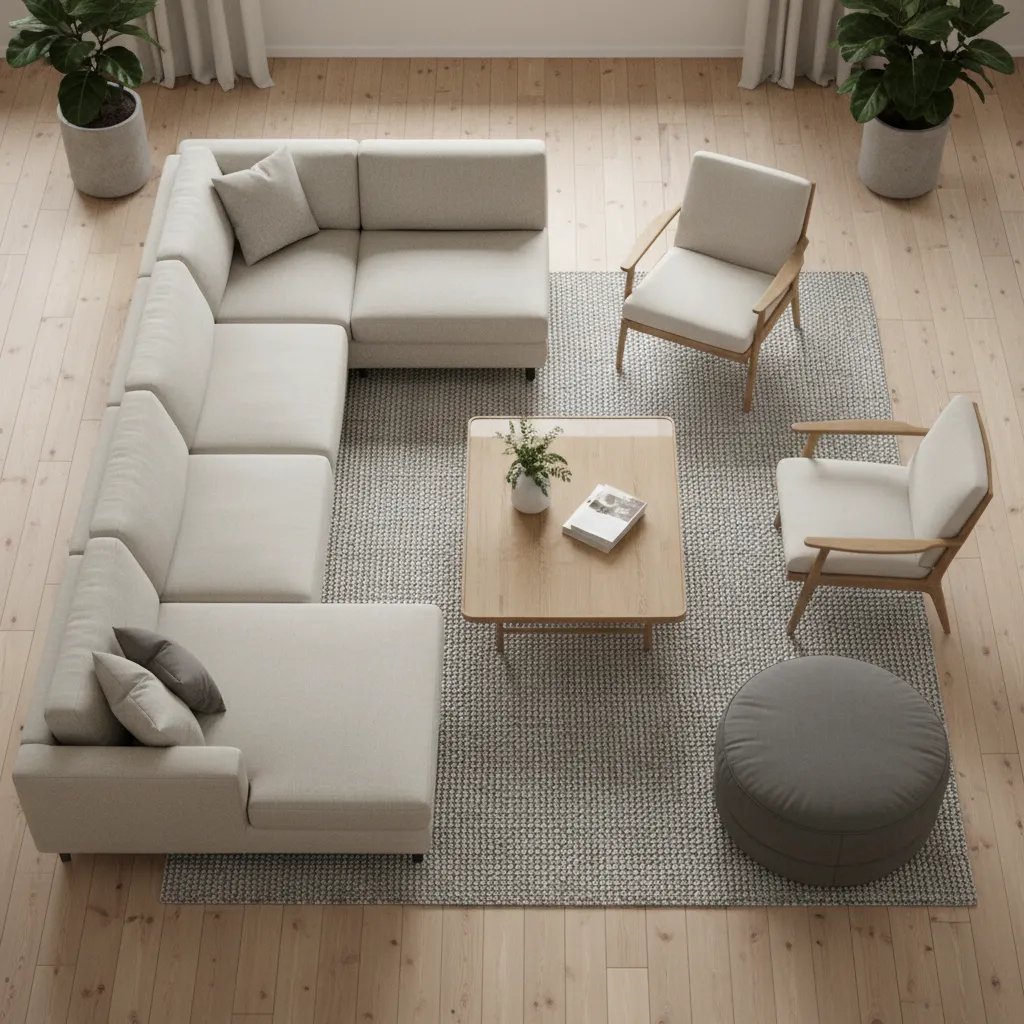 Distribución de muebles en un salón moderno vista desde arriba