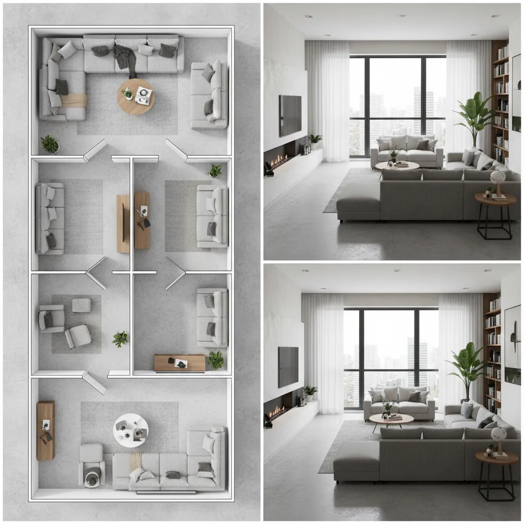 Diferentes opciones de distribución de muebles en una sala de estar