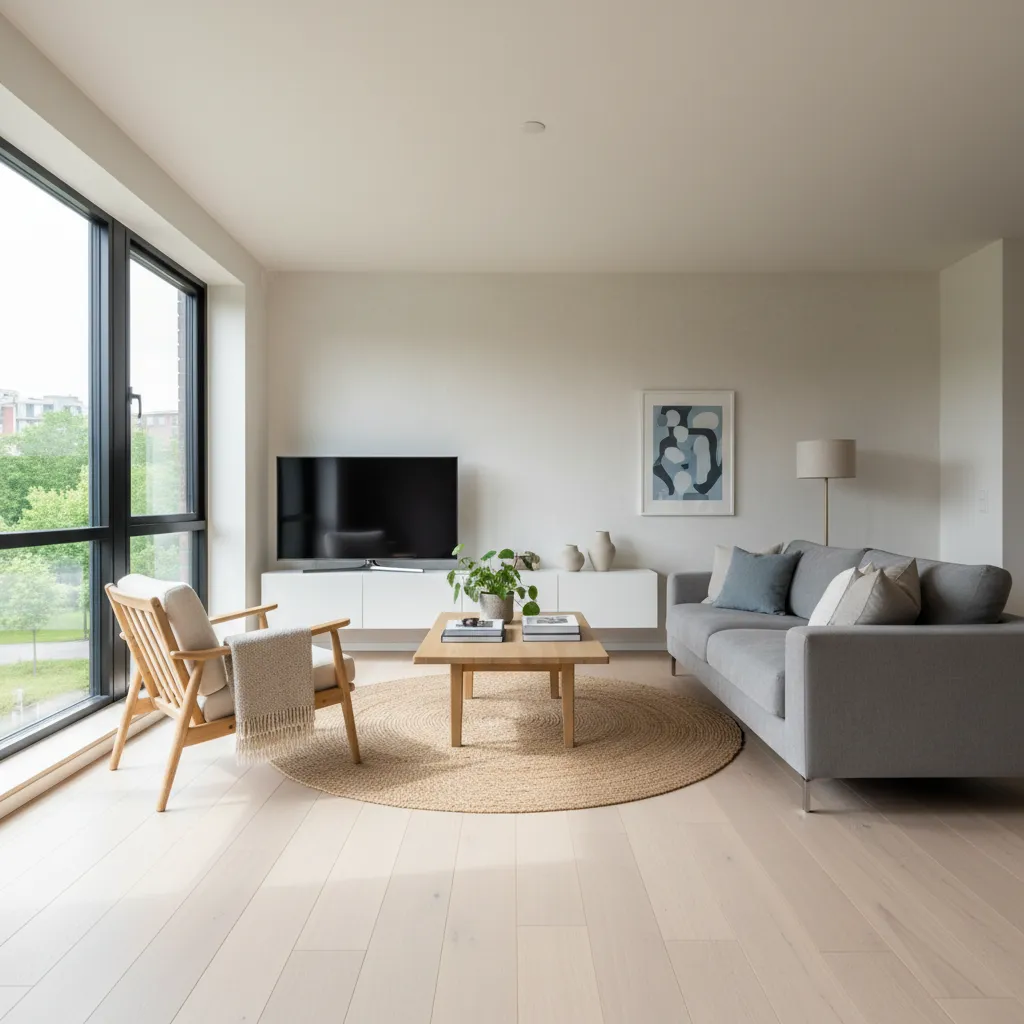 Bright Scandinavian living room with grey sofa wooden coffee table round rug and large windows