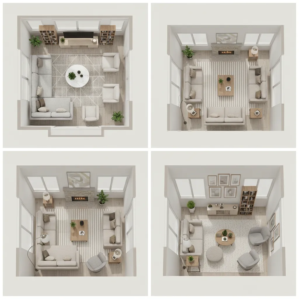 Diseño de salón con varias opciones de distribución de muebles