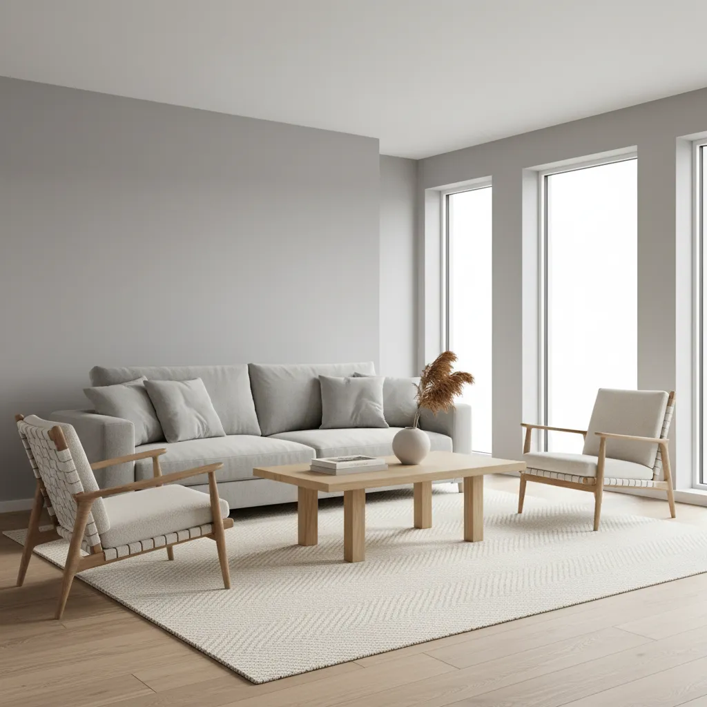 Bright living room with light grey sofa wooden chairs coffee table rug and large windows
