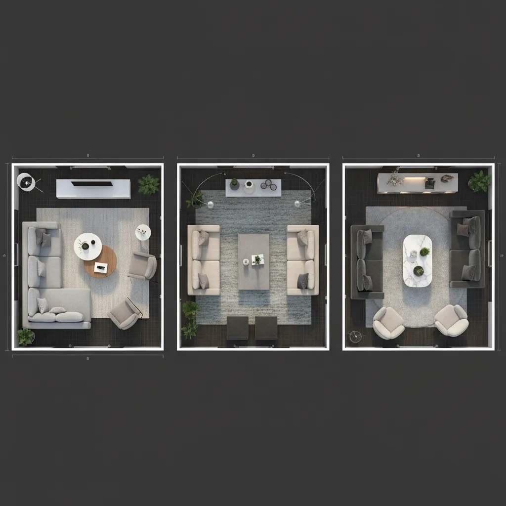Varias configuraciones de muebles en un salón diseñadas digitalmente
