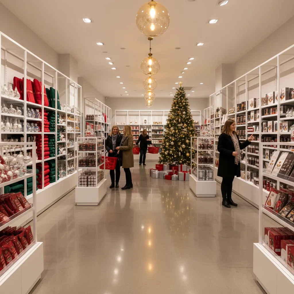 Interior de tienda con decoración navideña organizada sin bloquear pasillos
