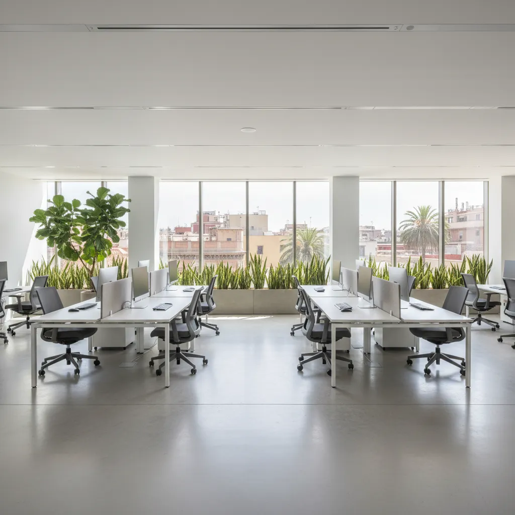 Plano y espacio de oficina abierto con estaciones de trabajo organizadas