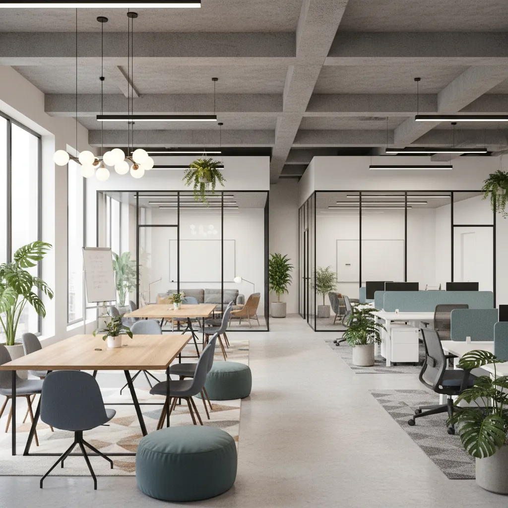 Distribución de oficina moderna con zonas colaborativas