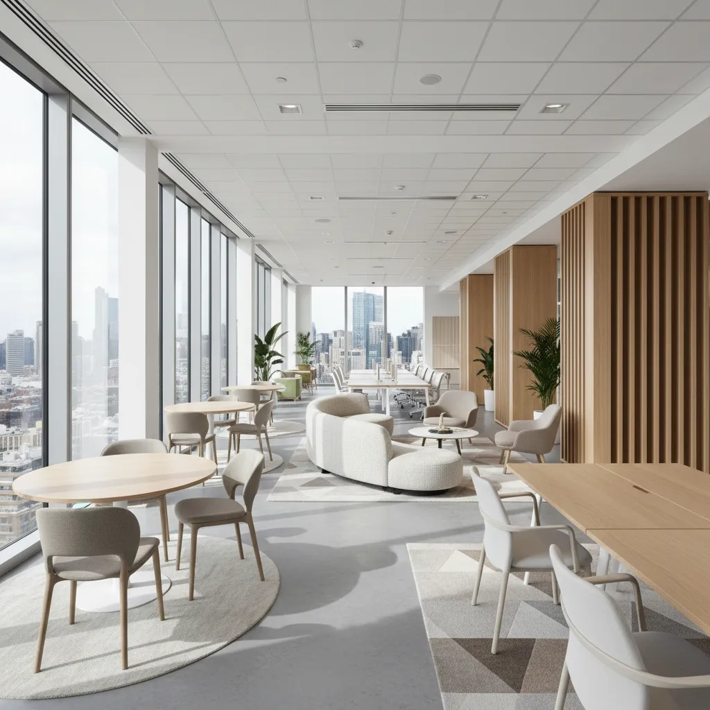 Distribución de oficina moderna con espacios colaborativos y luz natural
