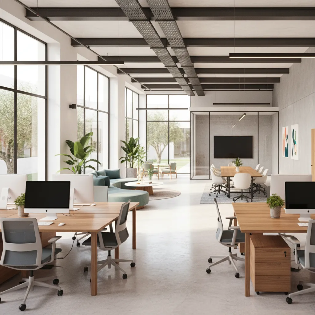 Espacio de trabajo abierto con zonas colaborativas