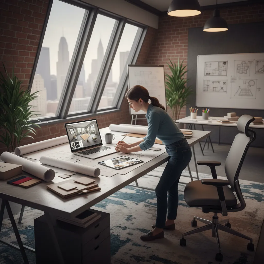 Diseñador planificando distribución de oficina en plano