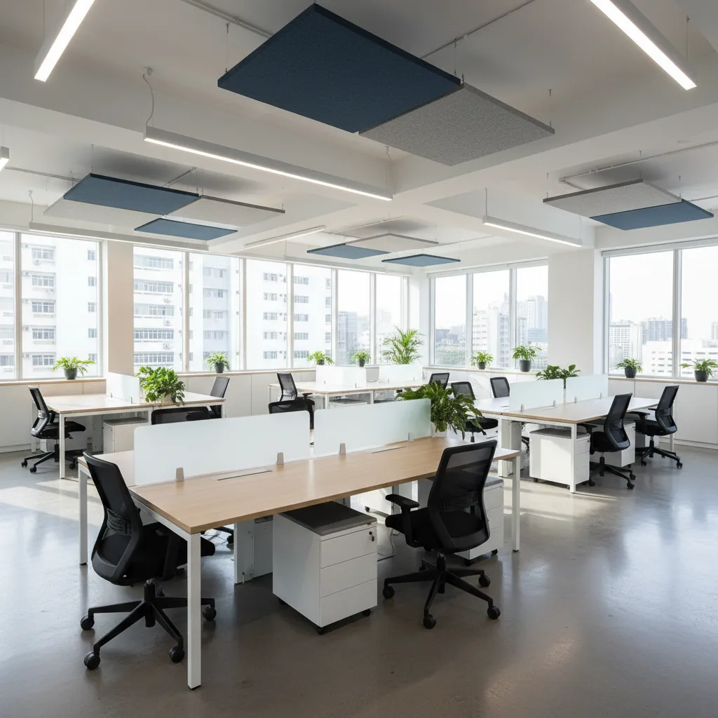Large open office layout featuring rows of wooden desks white cabinets black chairs and windows