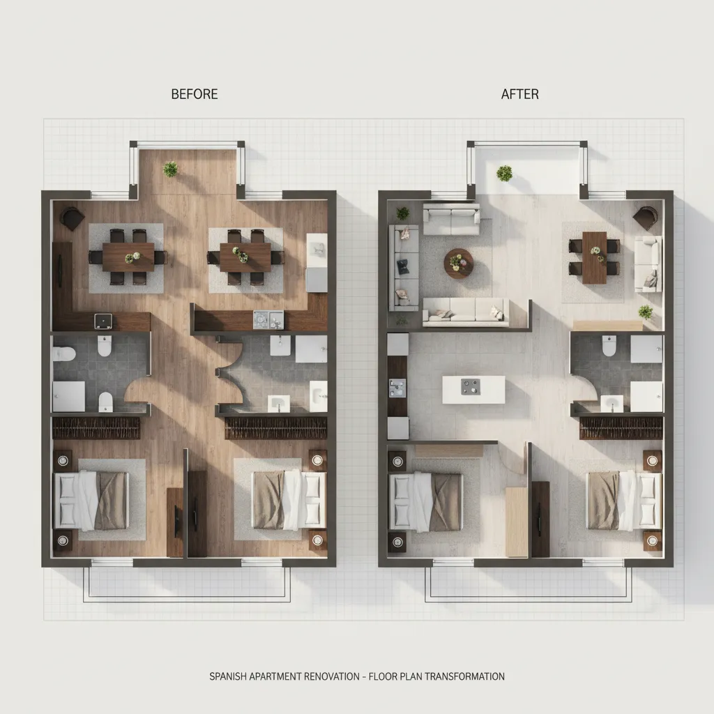 Plano y visualización de un piso antiguo con distribución mejorada