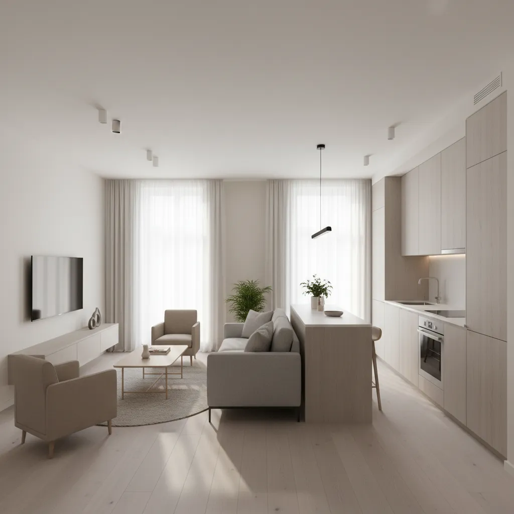 Salón pequeño con cocina abierta optimizando espacio